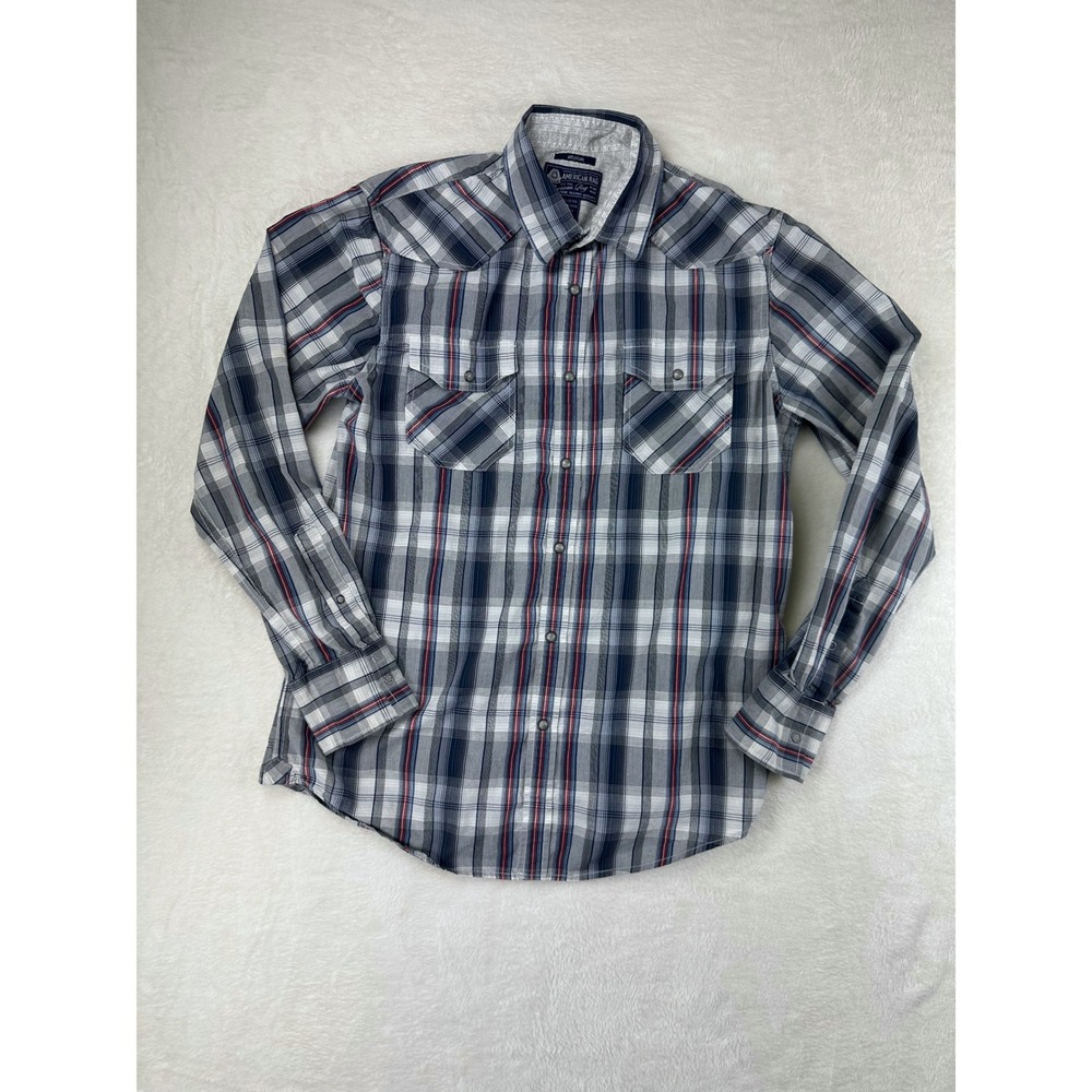 American Rag Western Pearl Snap Shirt‎ Mens M Blue Plaid Cotton Long Sleeve